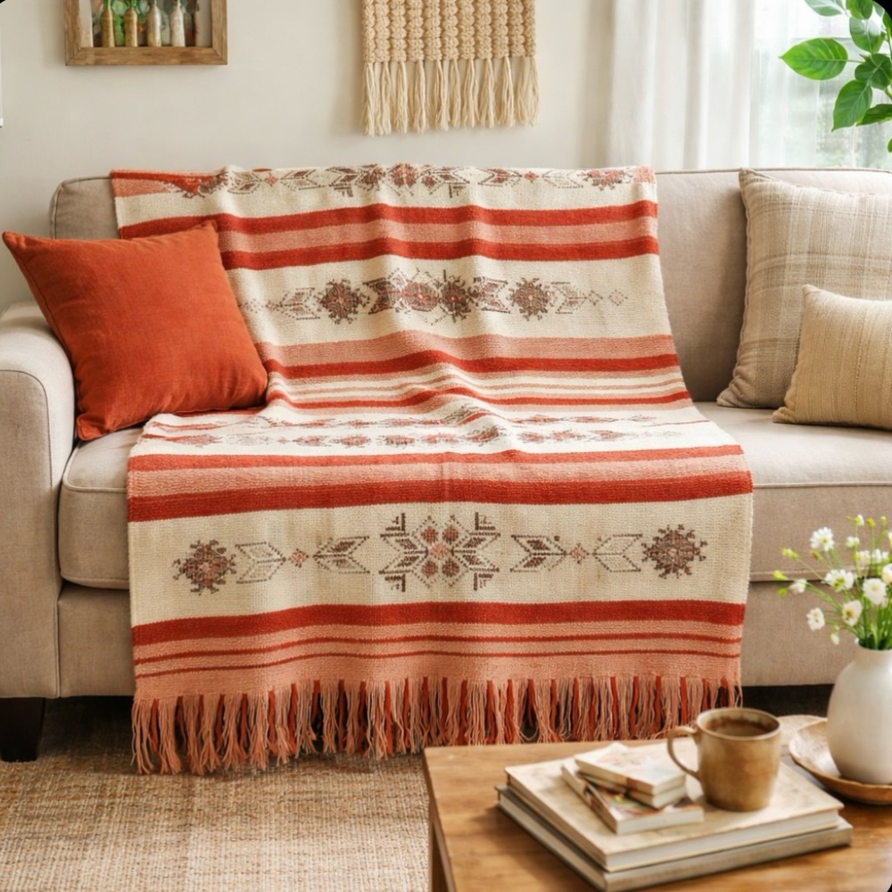 Crochet Handmade vintage Red and Cream Geometric Aztec Western Patterned Blanket